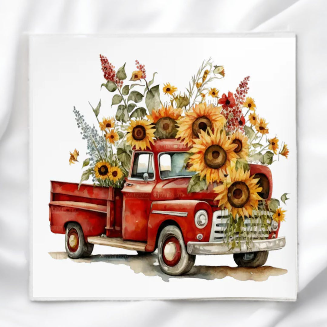 Vintage Truck with Sunflowers Fabric Panel Quilt Block