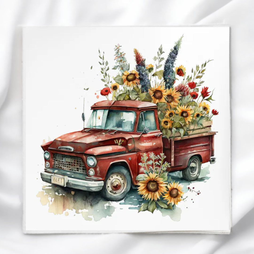 Vintage Truck with Wildflowers Fabric Panel Quilt Block
