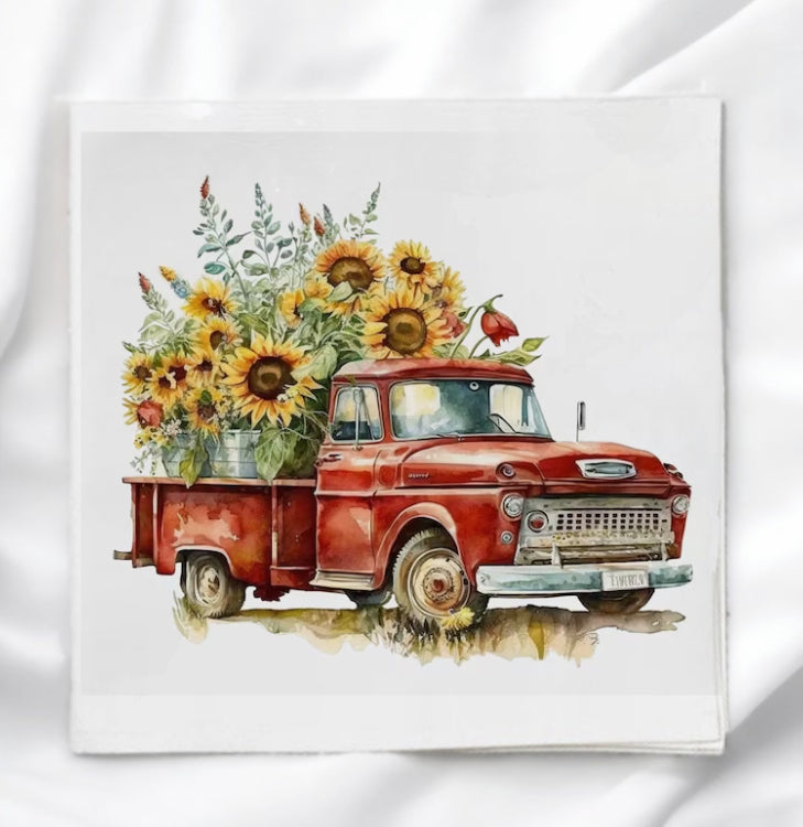 Vintage Truck with Sunflowers Fabric Panel Quilt Block