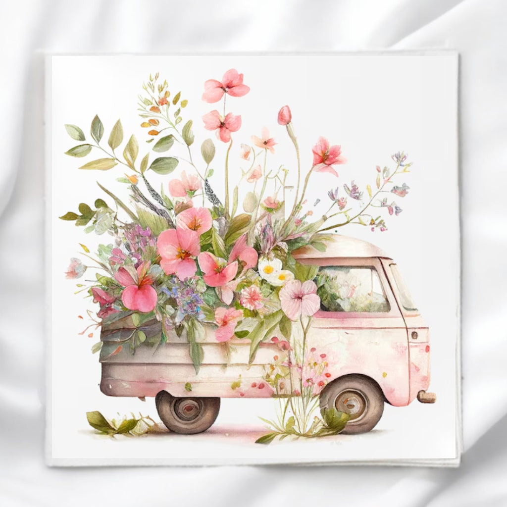 Vintage Floral Truck Fabric Panel Quilt Block