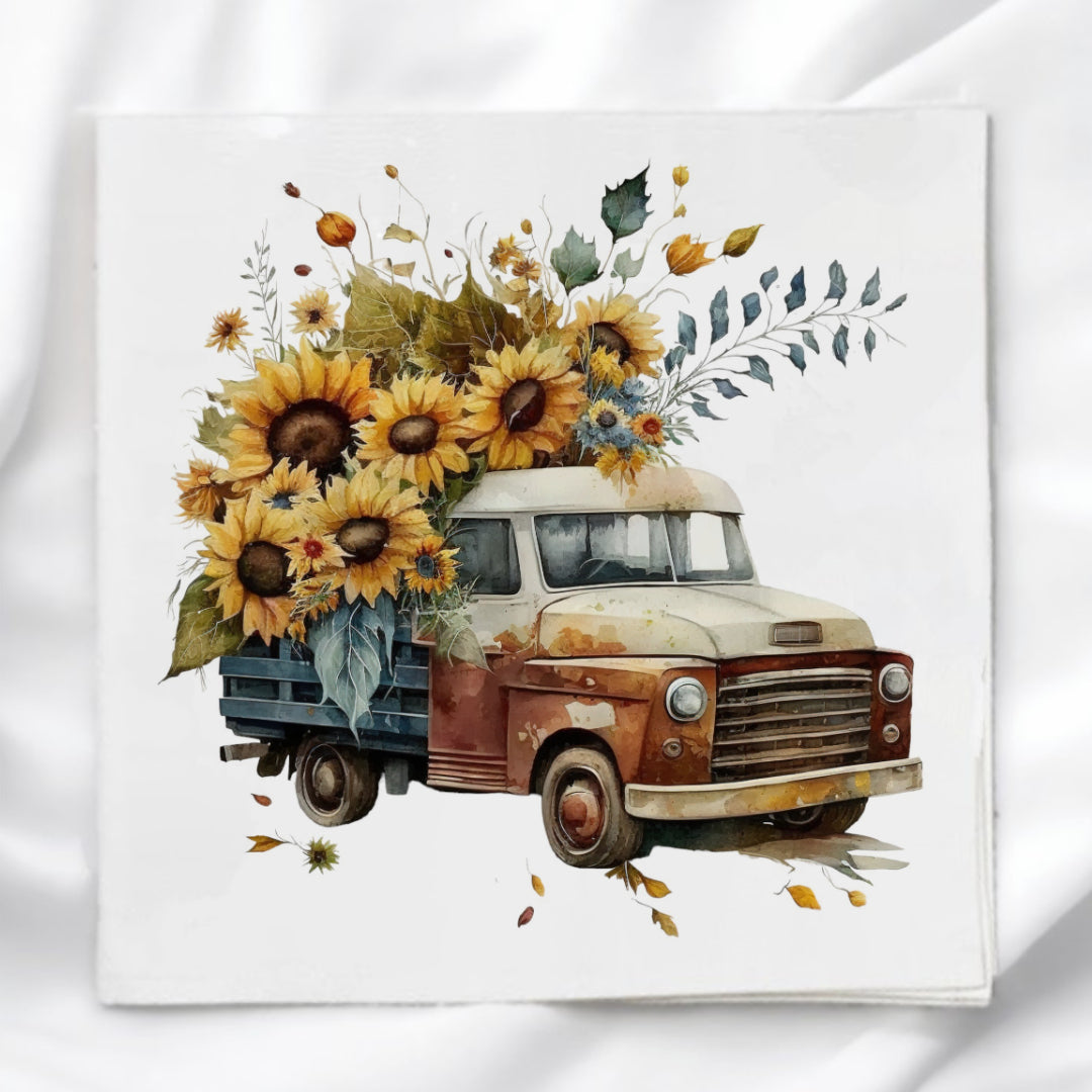 Vintage Truck with Sunflowers Fabric Panel Quilt Block